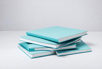 The primary subject of the image is a stack of books. The books are stacked on top of each other, with the top book being blue and the bottom book being white. The setting is a white table, which serves as the background for the stack of books. The visual style of the image is a photo, capturing the details of the books and the table. The colors and mood of the image are predominantly white and neutral, creating a clean and organized appearance.