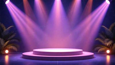 The primary subject of the image is a pink stage with a purple background. The stage is illuminated by bright lights, creating a visually striking scene. The setting appears to be a theater or a similar performance venue. The visual style of the image is a combination of photo and digital art, giving it a unique and artistic appearance. The dominant colors in the image are pink and purple, creating a warm and inviting atmosphere.