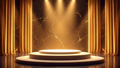 The primary subject of the image is a white pedestal with a marble-like texture. The setting is a stage with a backdrop of a marble wall. The visual style is a combination of a photo and digital art, creating a realistic yet artistic representation of the scene. The colors and mood are predominantly white and neutral, giving the image a clean and elegant appearance.