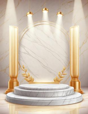 The primary subject of the image is a marble pedestal with a gold frame. The setting is a marble-covered wall, and the visual style is a digital art illustration. The colors and mood of the image are elegant and sophisticated, with the gold frame and marble surfaces creating a luxurious and refined atmosphere.