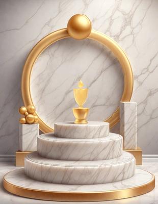 The primary subject of the image is a white marble pedestal with a gold ring around it. The setting is a white marble wall, and the visual style is a digital art. The colors and mood of the image are predominantly white and gold, giving it a luxurious and elegant appearance.