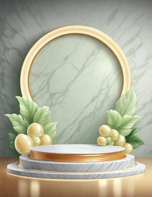 The primary subject of the image is a decorative plate with a marble top, which is placed on a table. The setting is a room with a marble wall, and the visual style is a combination of digital art and illustration. The colors and mood of the image are predominantly neutral, with a touch of gold from the marble top and the decorative elements.