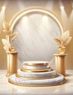 The primary subject of the image is a marble table with a gold frame. The table is adorned with a vase and a bowl, and it is placed in front of a mirror. The setting is a room with a gold and white color scheme. The visual style is a digital art illustration, and the colors and mood are elegant and sophisticated.