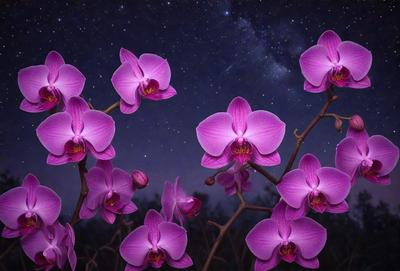 The primary subject of the image is a group of purple flowers, likely orchids, with long stems. The flowers are blooming and are the main focus of the image. The setting is a nighttime scene, with the flowers standing out against a dark sky. The visual style is a combination of photo and digital art, creating a realistic yet artistic representation of the flowers. The colors and mood of the image are predominantly purple, creating a serene and elegant atmosphere.
