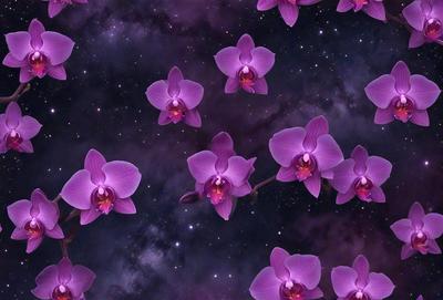 The primary subject of the image is a group of purple flowers, which are the main objects in the scene. The flowers are set against a dark, starry background, creating a dramatic and moody atmosphere. The visual style of the image is a combination of photo and digital art, as it features a close-up of the flowers against a starry sky. The colors and mood of the image are predominantly purple, with the flowers being the main focus and the dark background providing a sense of depth and contrast.