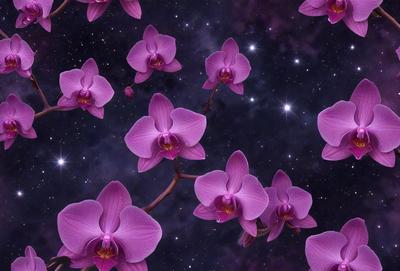The primary subject of the image is a group of purple flowers, which are the main objects in the scene. The flowers are set against a dark, starry background, creating a dramatic and moody atmosphere. The visual style of the image is a combination of photo and digital art, as it appears to be a close-up of the flowers against a starry sky. The colors and mood of the image are predominantly purple, with the flowers being the main focus and the starry background providing a sense of depth and