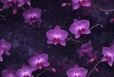 The primary subject of the image is a group of purple orchids. They are the main focus of the image, and they are displayed in a beautiful and vibrant manner. The setting is a night sky, which provides a contrasting and serene backdrop for the orchids. The visual style of the image is a combination of photo and digital art, creating a stunning and realistic representation of the orchids. The colors and mood of the image are predominantly purple, which adds a sense of elegance and
