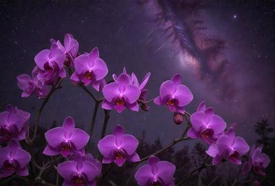 The primary subject of the image is a group of purple flowers, likely orchids, growing on a tree branch. The setting is a nighttime scene with a dark sky, creating a dramatic and serene atmosphere. The visual style appears to be a combination of photo and digital art, as the flowers are depicted in a realistic manner while the night sky is painted in a more artistic manner. The colors and mood of the image are predominantly purple, which adds to the overall beauty and tranquility of the