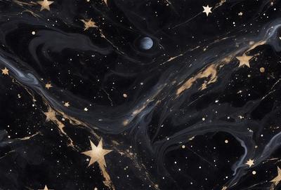 The primary subject of the image is a black and gold painting of a starry night sky. The setting is a night sky filled with stars, and the visual style is a painting that appears to be a mix of digital art and traditional art. The colors and mood of the painting are dark and moody, with the gold and black colors creating a sense of depth and contrast.