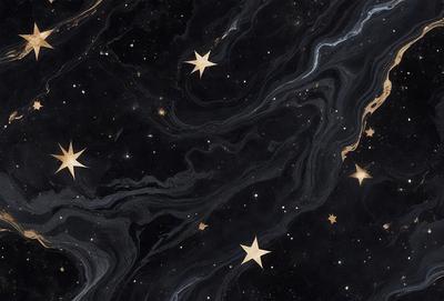 The primary subject of the image is a black background with a pattern of stars. The setting is a night sky, and the visual style is a combination of a photo and digital art. The dominant colors are black and gold, creating a dark and mysterious atmosphere.