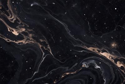 The primary subject of the image is a black and white photograph of a swirling pattern, possibly a galaxy or a starry night. The setting is a black background, which contrasts with the swirling pattern. The visual style is a close-up of the swirling pattern, which gives a sense of depth and intricacy. The colors and mood of the image are predominantly black and white, creating a dramatic and artistic atmosphere.