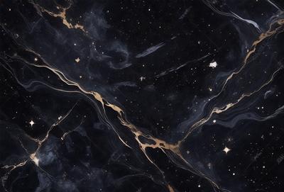 The primary subject of the image is a black marble countertop with a gold-like pattern. The setting is a night sky, which serves as the background. The visual style is a combination of a photo and digital art, creating a unique and intricate design. The colors and mood of the image are predominantly dark, with the gold pattern adding a touch of warmth and sophistication.