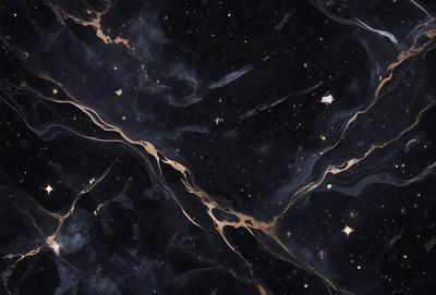 The primary subject of the image is a black marble countertop with a gold-like pattern. The setting is a night sky, which serves as the background. The visual style is a combination of a photo and digital art, creating a unique and intriguing appearance. The colors and mood of the image are predominantly dark, with the gold-like pattern adding a touch of warmth and sophistication.