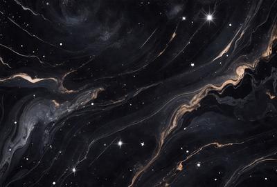 The primary subject of the image is a black and white photograph of a starry night sky. The setting is a dark, star-filled sky with a few stars visible. The visual style is a black and white photo, which adds a sense of timelessness and nostalgia to the scene. The colors and mood of the image are predominantly dark and moody, with the stars providing a contrasting and serene element to the overall atmosphere.