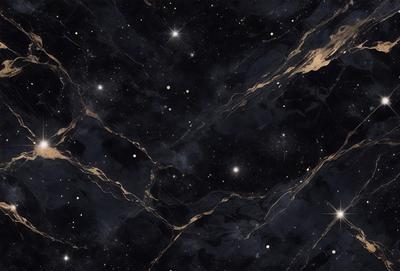 The primary subject of the image is a black marble surface with a starry pattern. The setting is a night sky, and the visual style is a combination of a photo and digital art. The colors are predominantly black and white, with a few stars in the pattern adding a touch of color. The overall atmosphere is serene and captivating.