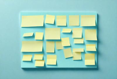 The primary subject of the image is a collection of yellow sticky notes arranged on a blue surface. The setting appears to be a workspace or a creative environment, as the sticky notes are placed on a table or a wall. The visual style of the image is a close-up of the sticky notes, showcasing their arrangement and colors. The overall atmosphere of the image is one of organization and creativity, as the sticky notes are used to communicate ideas or reminders.