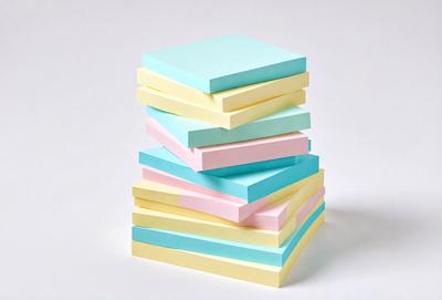 The primary subject of the image is a stack of colored notepads. The notepads are arranged in a pile, with each notepad having a different color. The setting is a white surface, which provides a clean and uncluttered backdrop for the notepads. The visual style of the image is a close-up of the stack of notepads, showcasing the vibrant colors and the variety of notepads. The overall atmosphere of the image is bright, cheerful, and organized,