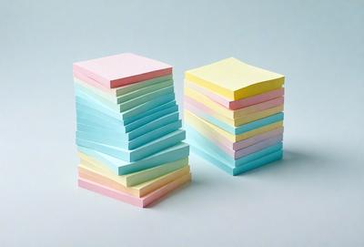 The primary subject of the image is a stack of colorful sticky notes. The notes are arranged in a pile, with each note having a different color. The setting is a white background, which provides a clean and minimalist appearance. The visual style is a close-up of the stack of sticky notes, showcasing the vibrant colors and the variety of sticky notes. The colors and mood of the image are lively and cheerful, as the bright colors of the sticky notes create a sense of posit