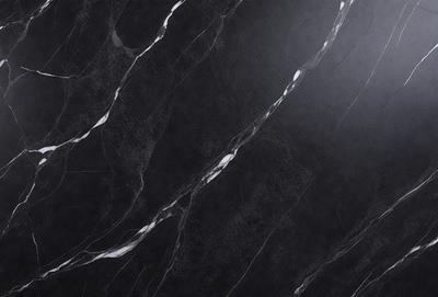 The primary subject of the image is a black marble countertop with white veins running through it. The setting is a kitchen, and the visual style is a close-up of the marble countertop. The colors and mood of the image are predominantly black and white, giving it a sleek and modern appearance.