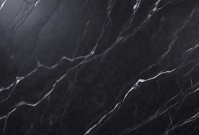 The primary subject of the image is a marble countertop with a black and white pattern. The setting is a kitchen, and the visual style is a close-up of the marble countertop. The colors and mood of the image are predominantly black and white, giving it a classic and elegant appearance.