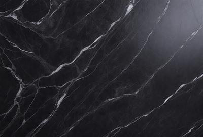 The primary subject of the image is a black marble countertop. The setting is a dark room, and the visual style is a close-up of the marble countertop. The countertop has a pattern of white veins running through it, giving it a unique and elegant appearance. The overall atmosphere of the image is sophisticated and luxurious.