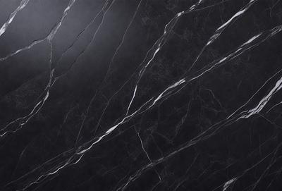 The primary subject of the image is a black marble countertop. The setting is a kitchen, with the countertop being the main focus of the scene. The visual style is a close-up of the marble countertop, showcasing its texture and pattern. The colors and mood of the image are predominantly dark, with the black marble countertop being the main source of contrast.