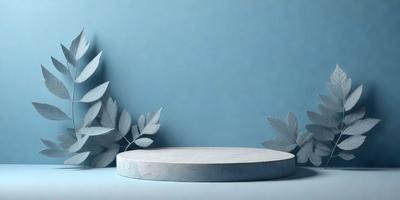 The primary subject of the image is a white, circular object, possibly a table or a vase, placed on a blue wall. The setting is a room with a blue background, and the visual style appears to be a combination of photo and digital art. The colors and mood of the image are predominantly blue and calm, creating a serene atmosphere.