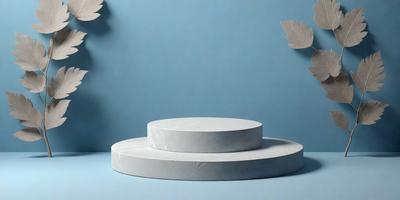 The primary subject of the image is a white cake placed on a round plate. The cake is positioned in the center of the plate, and the plate is placed on a blue surface. The visual style of the image is a photo, and the colors and mood are predominantly blue and calm.