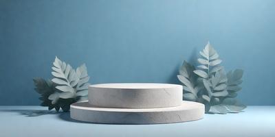 The primary subject of the image is a white cake placed on a white plate. The cake is sitting on a table, which is positioned in front of a blue wall. The visual style of the image is a photo, capturing the cake and its surroundings. The colors and mood of the image are predominantly white, giving it a clean and elegant appearance.