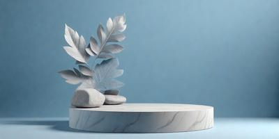 The primary subject of the image is a white marble table with a rock and a leaf on it. The setting is a blue background, which adds a contrasting color to the scene. The visual style is a combination of a photo and digital art, creating a unique and artistic representation of the subject. The colors and mood of the image are predominantly white and blue, giving it a clean and serene atmosphere.