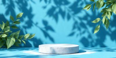 The primary subject of the image is a white plate or round object placed on a blue surface. The setting is a blue wall with a leaf pattern, creating a visually appealing and calming atmosphere. The visual style of the image is a photo, capturing the details of the plate and the leaf pattern on the wall. The colors and mood of the image are predominantly blue and serene, with the white plate contrasting against the blue wall and the leaf pattern adding a touch of nature and tranquility.