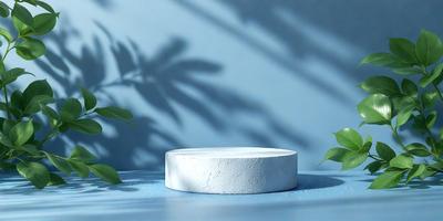 The primary subject of the image is a white, round object, possibly a cake or a piece of art, placed on a blue surface. The setting is a room with a blue wall and a window, creating a calm and serene atmosphere. The visual style appears to be a photo, as the object is in focus and the background is clear. The colors and mood of the image are predominantly blue, with the white object standing out against the blue wall and the blue surface.