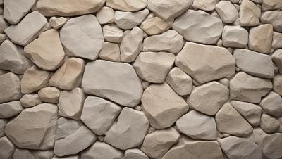 The primary subject of the image is a large rock wall made of various sized rocks. The setting is a natural environment, with the rock wall as the main focus. The visual style is a close-up of the rock wall, showcasing the intricate patterns and textures of the rocks. The colors and mood of the image are predominantly earthy tones, giving the scene a natural and rugged appearance.