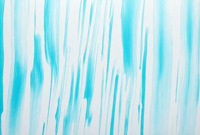 The primary subject of the image is a blue and white painting or drawing of a waterfall. The setting is a white wall, and the visual style appears to be a combination of digital art and illustration. The dominant colors are blue and white, creating a serene and calming atmosphere.