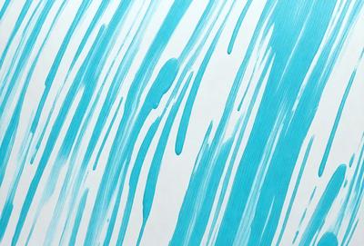 The primary subject of the image is a blue and white painting or drawing of a waterfall. The setting is a white wall, and the visual style appears to be a combination of digital art and illustration. The dominant colors are blue and white, creating a serene and calming atmosphere.