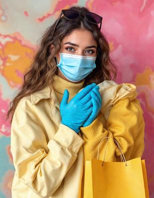 The primary subject of the image is a woman wearing a face mask and gloves. She is holding a yellow bag and a yellow jacket. The setting is a room with a pink background. The visual style is a photo, and the colors and mood are bright and cheerful.