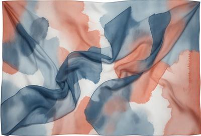 The primary subject of the image is a colorful, flowing scarf. The scarf is blue, red, and white, and it is draped over a surface. The setting appears to be a room with a table, and the visual style is a combination of photo and digital art. The colors and mood of the image are vibrant and lively, with the scarf's colors creating a sense of warmth and energy.