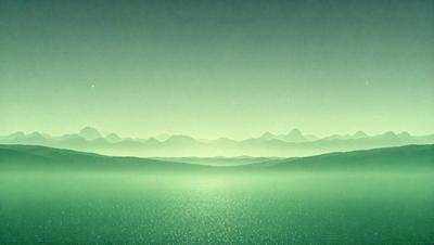 The primary subject of the image is a mountain range, which is set against a green, foggy sky. The mountains are surrounded by a vast body of water, creating a serene and picturesque scene. The visual style of the image is a combination of photo and digital art, giving it a unique and captivating appearance. The dominant colors in the image are green and blue, which contribute to the overall mood of the scene, evoking a sense of tranquility and natural beauty.