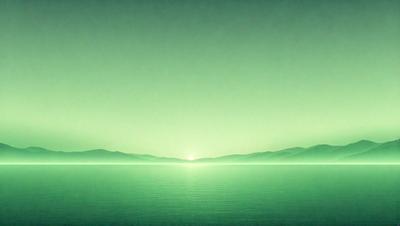 The primary subject of the image is a beautiful sunset over the ocean. The setting is a serene and vast body of water, with the sun peeking over the horizon. The visual style is a combination of a photo and digital art, creating a stunning and captivating scene. The colors and mood of the image are predominantly green, with the ocean and the sunset creating a calming and serene atmosphere.