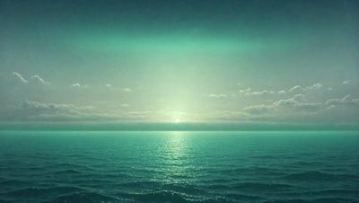 The primary subject of the image is a beautiful sunset over the ocean. The setting is a vast body of water with a serene atmosphere. The visual style is a combination of photo and digital art, creating a stunning and realistic representation of the scene. The colors and mood are predominantly blue and green, with the sunset casting a warm glow over the water.