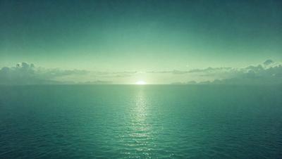 The primary subject of the image is the sunset, with the sun setting over the ocean. The setting is a vast body of water, and the visual style is a photo. The colors and mood of the image are predominantly green, with the sunset casting a warm glow over the water.
