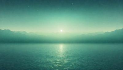 The primary subject of the image is a beautiful sunset over a large body of water. The sun is setting behind the mountains, casting a warm glow over the scene. The setting/background features a vast body of water, with mountains in the distance. The visual style of the image is a combination of photo and digital art, creating a serene and picturesque atmosphere. The colors and mood of the image are predominantly warm and calming, with the sunset and the water creating a sense of tranquility and natural beauty