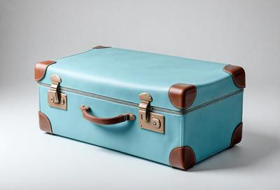 The primary subject of the image is a blue suitcase. The setting is a white background, and the visual style is a photo. The colors and mood of the image are predominantly blue, giving it a calm and serene atmosphere.