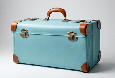 The primary subject of the image is a blue suitcase with a brown handle. The suitcase is placed on a white background, which creates a clean and minimalist appearance. The visual style of the image is a photo, capturing the details of the suitcase and its handle. The colors in the image are predominantly blue and brown, giving the suitcase a classic and timeless appearance.