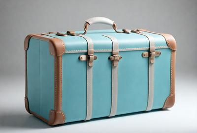 The primary subject of the image is a blue suitcase with white straps. The setting is a white background, which provides a clean and minimalist appearance. The visual style is a photo, capturing the details of the suitcase and its straps. The colors and mood of the image are predominantly blue and white, creating a sense of calmness and simplicity.
