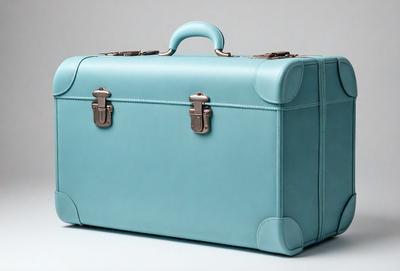 The primary subject of the image is a light blue suitcase. The setting is a white background, which provides a clean and minimalist look. The visual style is a photo, capturing the details of the suitcase. The colors and mood of the image are predominantly blue, creating a calm and soothing atmosphere.