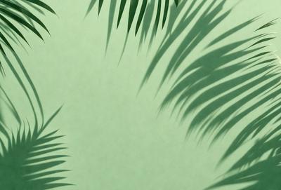 The primary subject of the image is a large palm tree with a green background. The visual style is a photo, and the colors and mood are predominantly green, creating a serene and natural atmosphere.