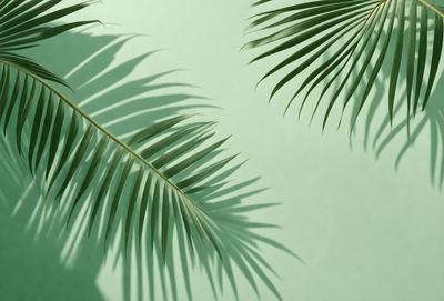 The primary subject of the image is a close-up of a palm tree leaf. The leaf is green and appears to be a part of a larger palm tree. The setting is a green wall, which serves as the background for the image. The visual style is a close-up of the leaf, showcasing its details. The colors and mood of the image are predominantly green, creating a calm and natural atmosphere.