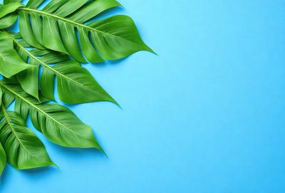 The image features a close-up of a large green palm leaf, which is the primary subject. The leaf is placed on a blue background, creating a striking contrast between the green and blue colors. The visual style of the image is a photo, capturing the natural beauty of the palm leaf. The overall atmosphere of the image is serene and relaxing, as the palm leaf is a symbol of tropical and exotic environments.