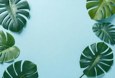 The image features a large green leaf, possibly a palm leaf, placed on a blue background. The leaf is positioned in the center of the frame, and it appears to be the primary subject of the image. The setting is minimalistic, with the leaf being the only object in the frame. The visual style is a close-up of the leaf, emphasizing its texture and details. The colors in the image are predominantly green, which gives the scene a natural and serene atmosphere.